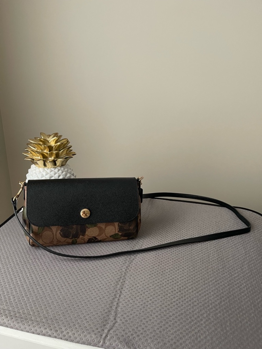 Coach Signature Floral Crossbody. Black & Dark Purple Reversible Leather Flap.